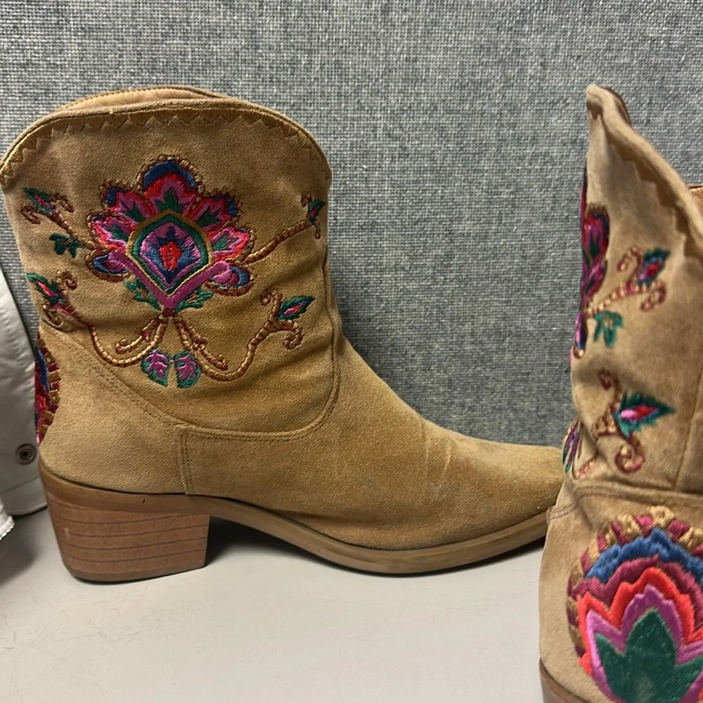 Farm Rio Camel Bota Western Boho Embroidered Tan Ankle Boots - Picture 10 of 14